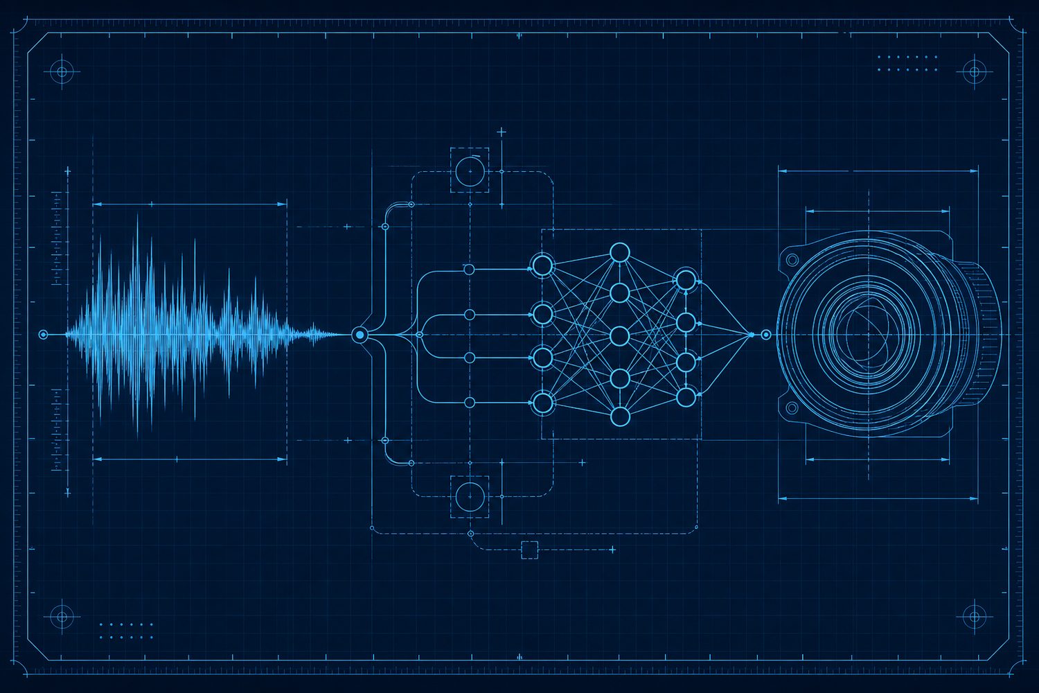 Schematic of a waveform flowing through nodes into a neural graph and a lens